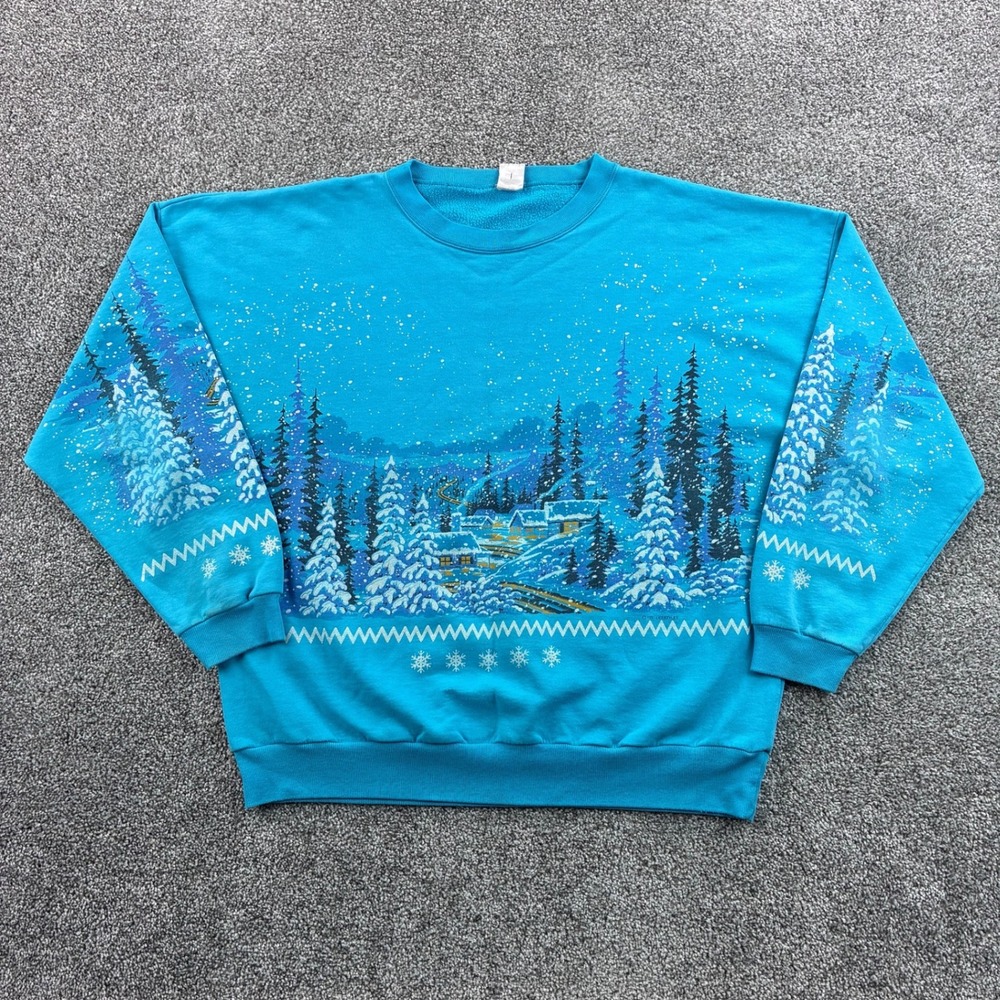 Vintage Winter Cabin Sweatshirt Mens Large Blue Snow Scene All Over Print 90s